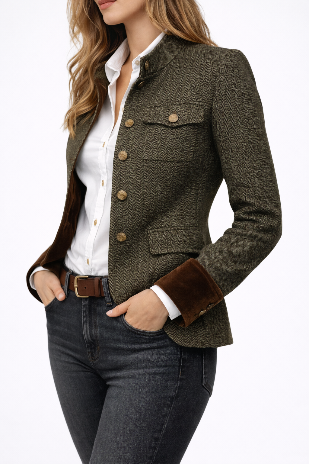 Elegante chaqueta de tweed con detalles de terciopelo
