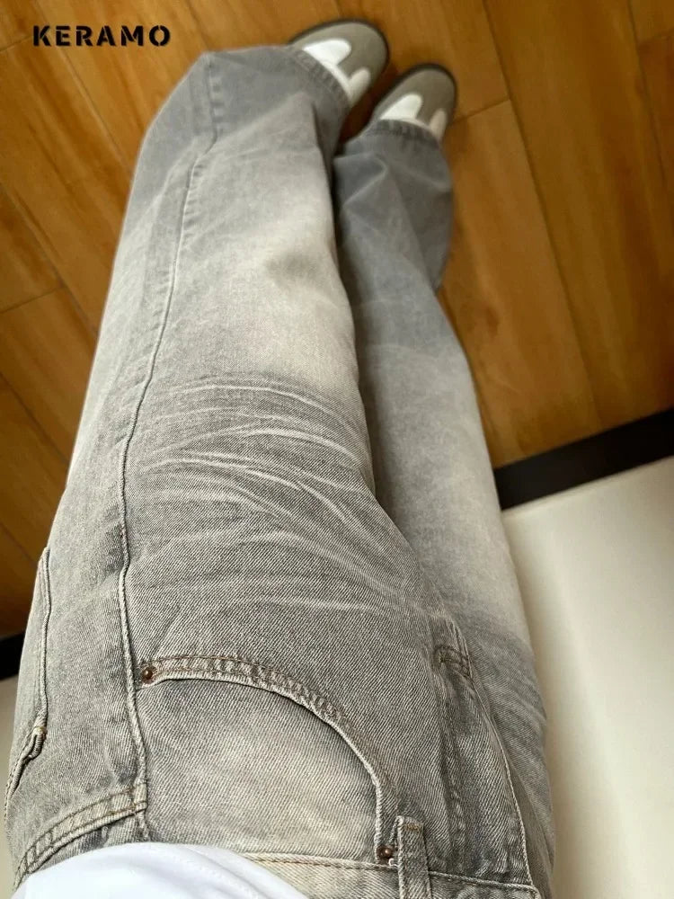 Pantalones vaqueros vintage grises para mujer, pantalones vaqueros casuales de estilo gótico, pantalones holgados de cintura alta y rectos para mujer Y2K