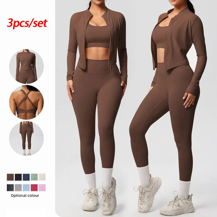Conjunto de 3 piezas de ropa deportiva para yoga, sujetador deportivo para gimnasio, chaqueta con cremallera, leggings, ropa deportiva, trajes de yoga para mujer, conjunto de fitness, chándal