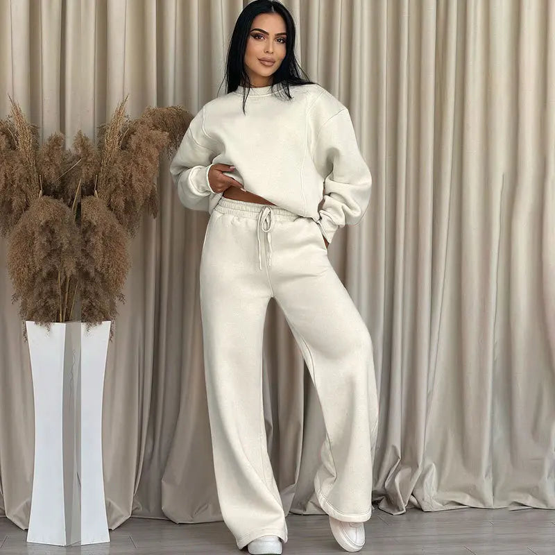 Conjunto de traje de dos piezas para mujer, pantalones de pierna ancha informales, holgados, de manga larga y cuello redondo, color sólido, para otoño e invierno