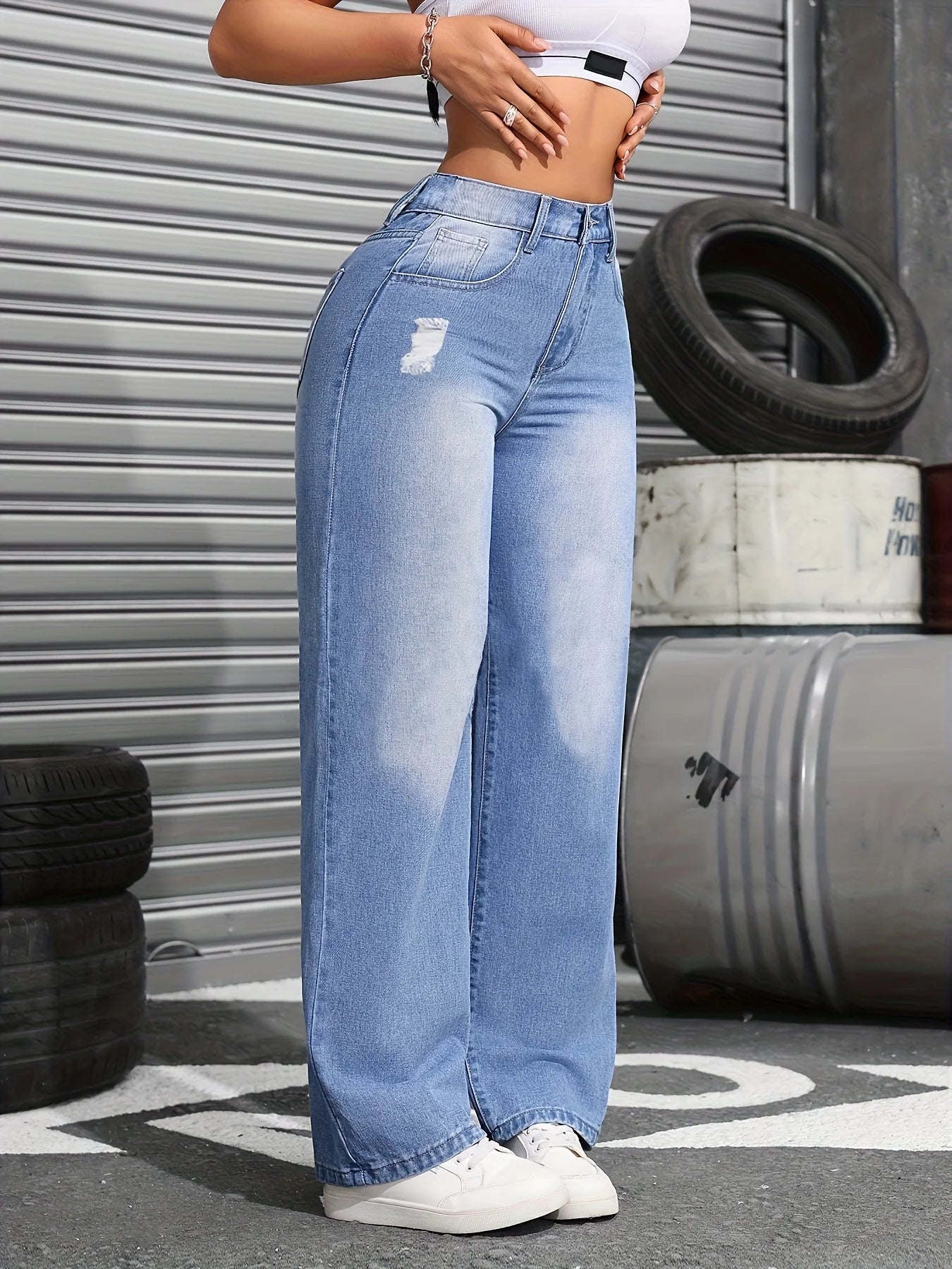 Pantalones vaqueros casuales de cintura alta con cremallera elástica para mujer, pierna recta, rotos, anchos, mezcla de algodón de elasticidad media, holgados neutros para las cuatro estaciones