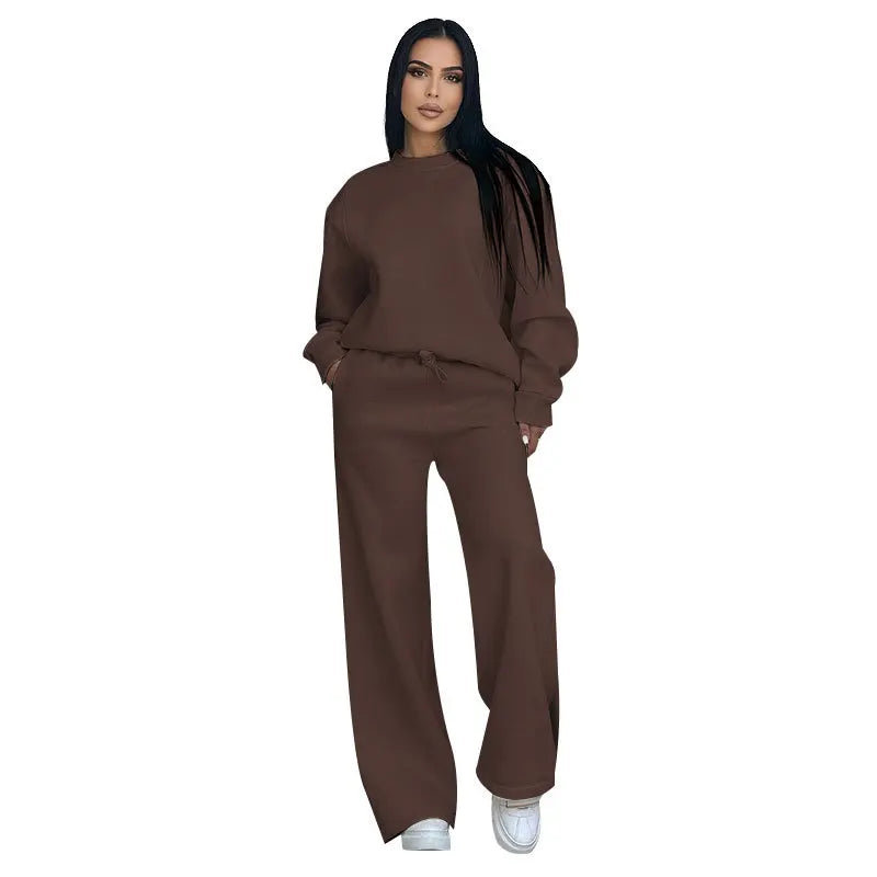 Conjunto de traje de dos piezas para mujer, pantalones de pierna ancha informales, holgados, de manga larga y cuello redondo, color sólido, para otoño e invierno