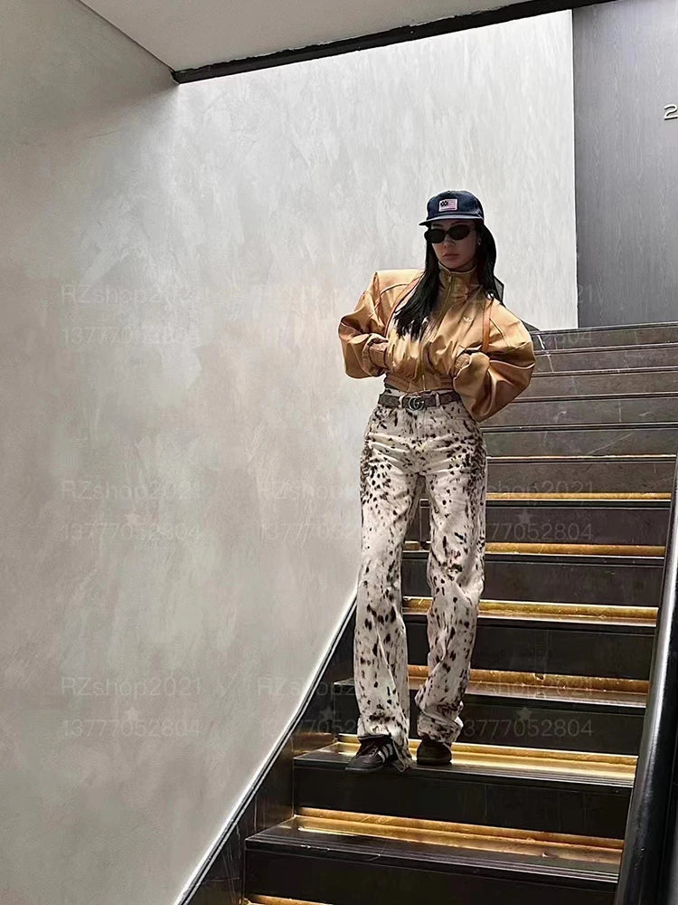 Vaqueros holgados de pierna ancha para mujer, vaqueros rectos de cintura alta con estampado de leopardo retro, ropa de calle de alta calidad, pantalones vaqueros vintage Y2k