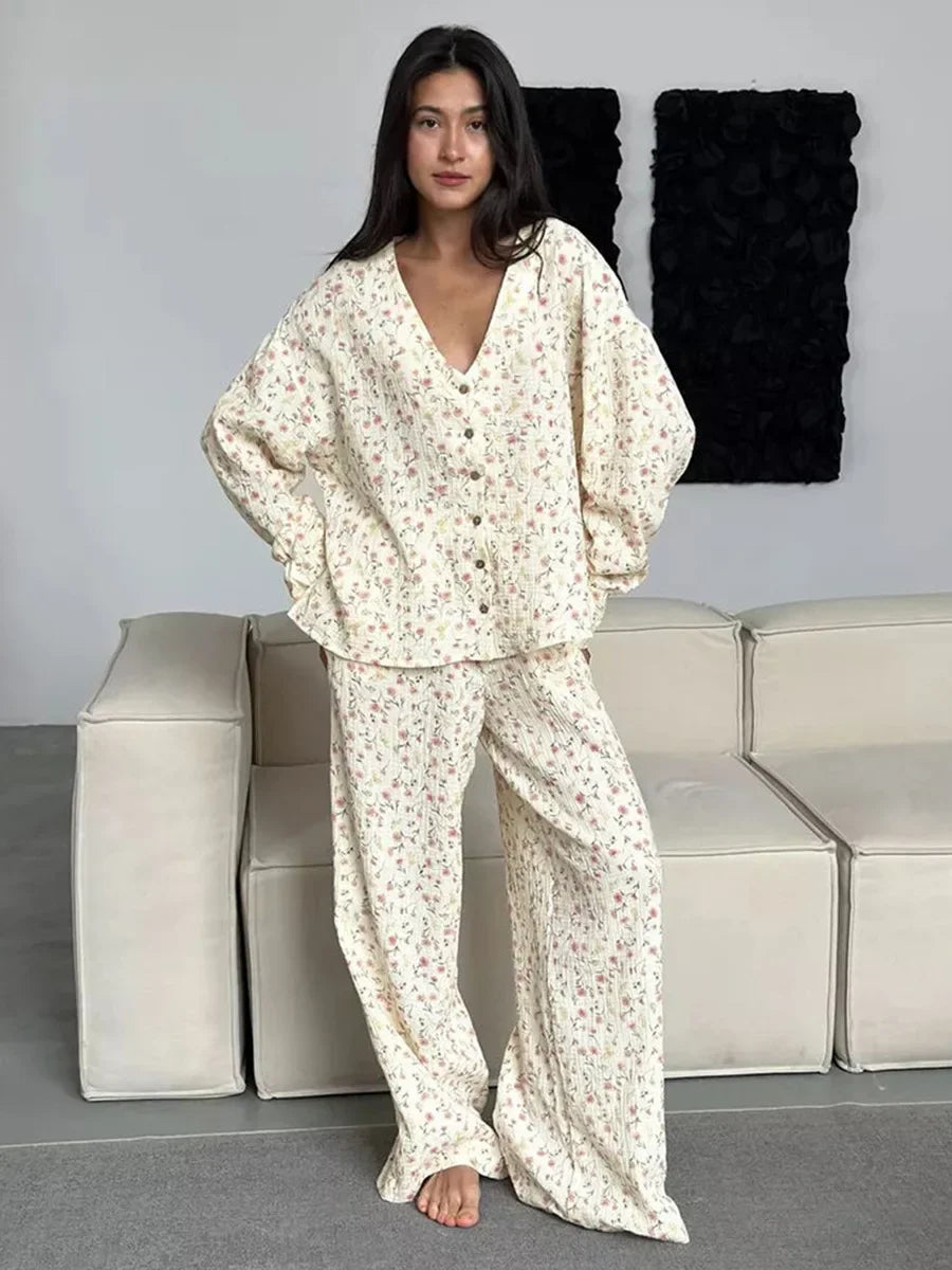 Conjunto de pijama de 2 piezas con cárdigan estampado 100 % algodón para mujer, nuevo conjunto de pijama de manga larga y pantalón holgado para el hogar de otoño