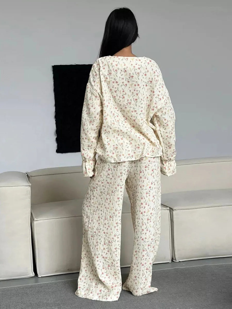 Conjunto de pijama de 2 piezas con cárdigan estampado 100 % algodón para mujer, nuevo conjunto de pijama de manga larga y pantalón holgado para el hogar de otoño