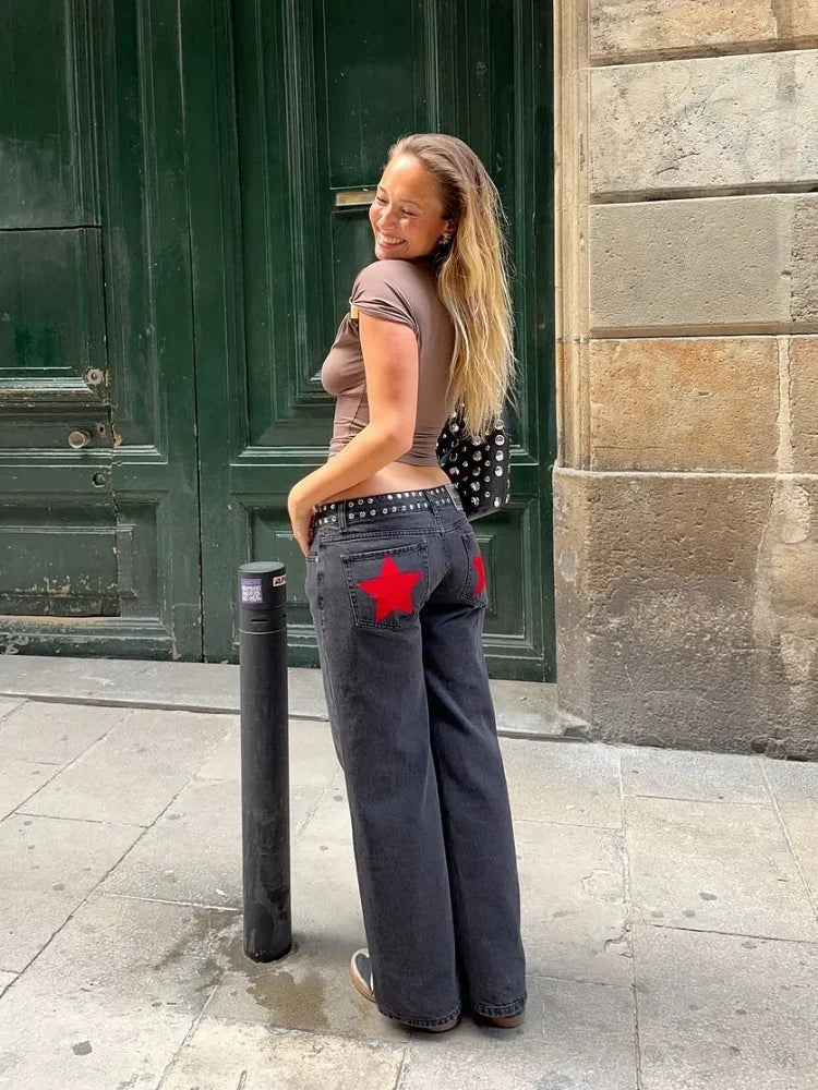 Pantalones largos con lentejuelas y estrellas en la espalda Y2k para mujer, pantalones casuales de cintura alta con contraste y pierna ancha, nuevos pantalones de primavera y otoño 2026