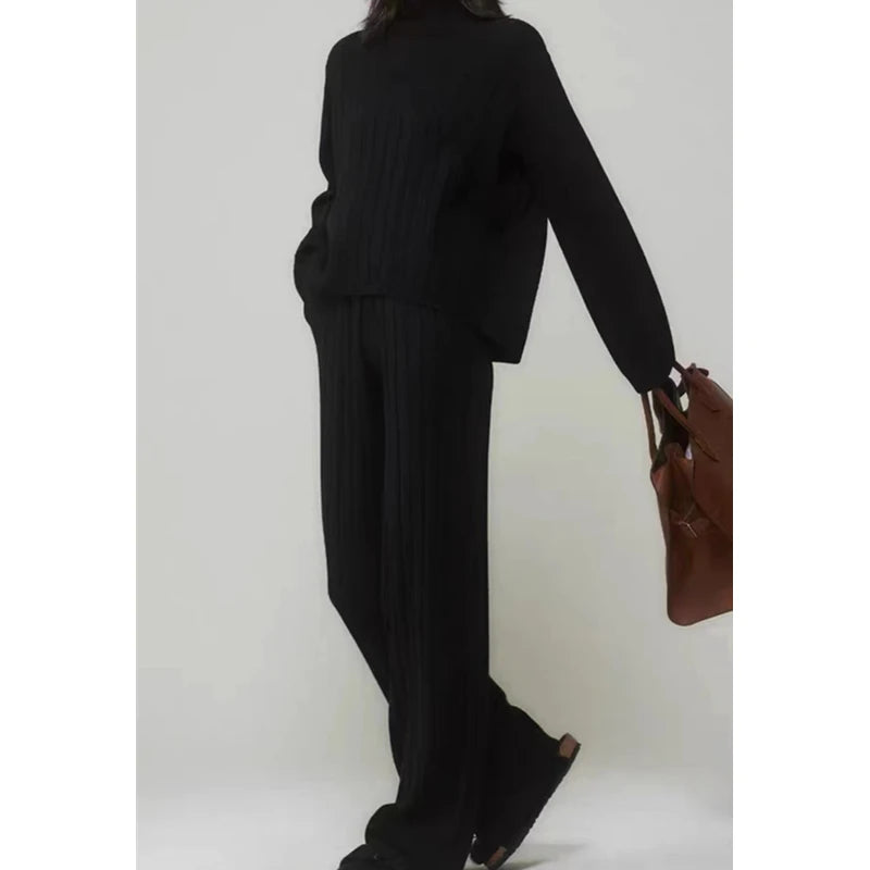 REALEFT Otoño Invierno 2 piezas Conjuntos blancos para mujer Chándal de punto Suéter de cuello alto y pantalón de jogging recto Trajes 2026 Nuevo