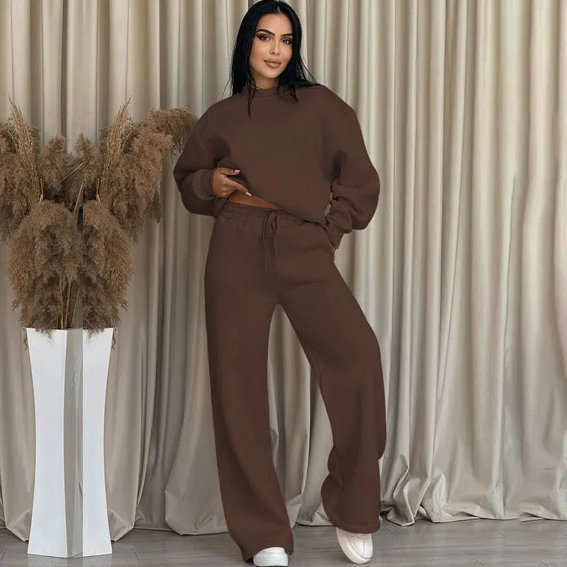 Conjunto de traje de dos piezas para mujer, pantalones de pierna ancha informales, holgados, de manga larga y cuello redondo, color sólido, para otoño e invierno