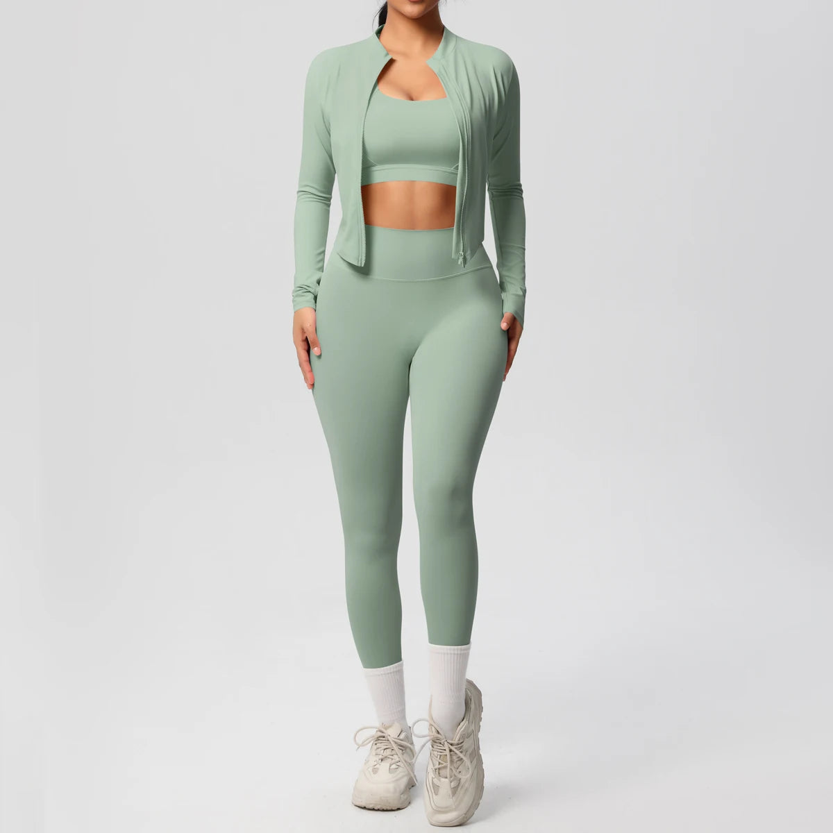 Conjunto de 3 piezas de ropa deportiva para yoga, sujetador deportivo para gimnasio, chaqueta con cremallera, leggings, ropa deportiva, trajes de yoga para mujer, conjunto de fitness, chándal