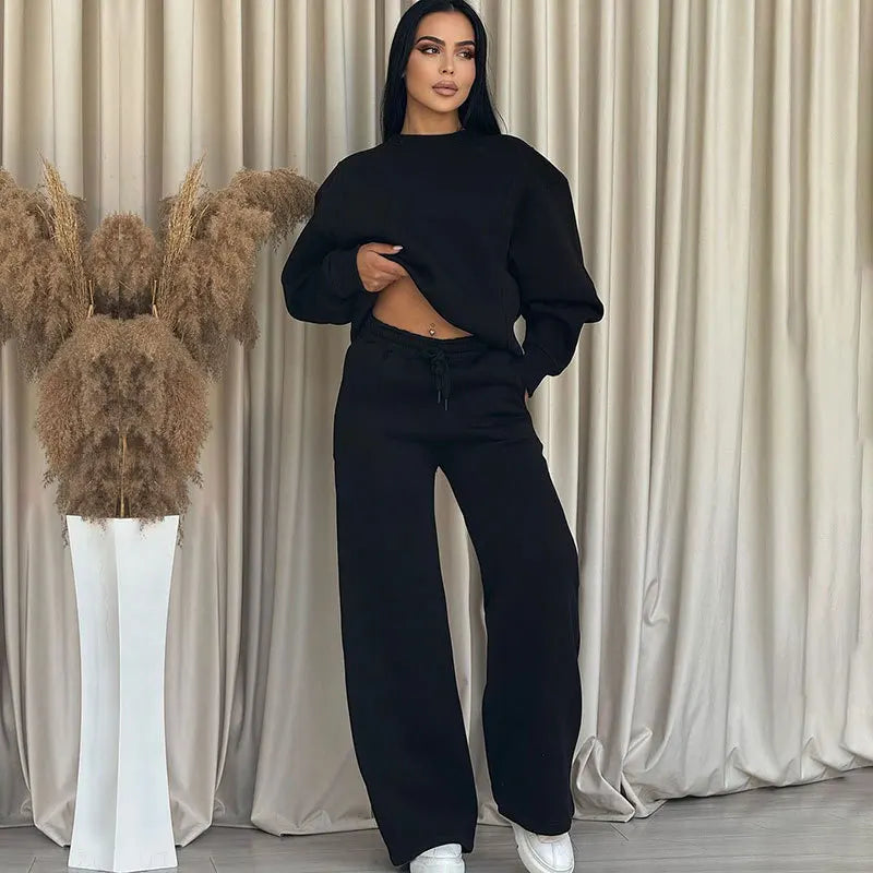 Conjunto de traje de dos piezas para mujer, pantalones de pierna ancha informales, holgados, de manga larga y cuello redondo, color sólido, para otoño e invierno