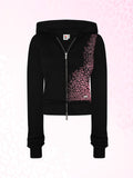 Sudadera corta con capucha y cremallera con estampado de leopardo en negro y rosa, pantalones deportivos de pierna ancha a la moda, conjunto de dos piezas de American Hottie