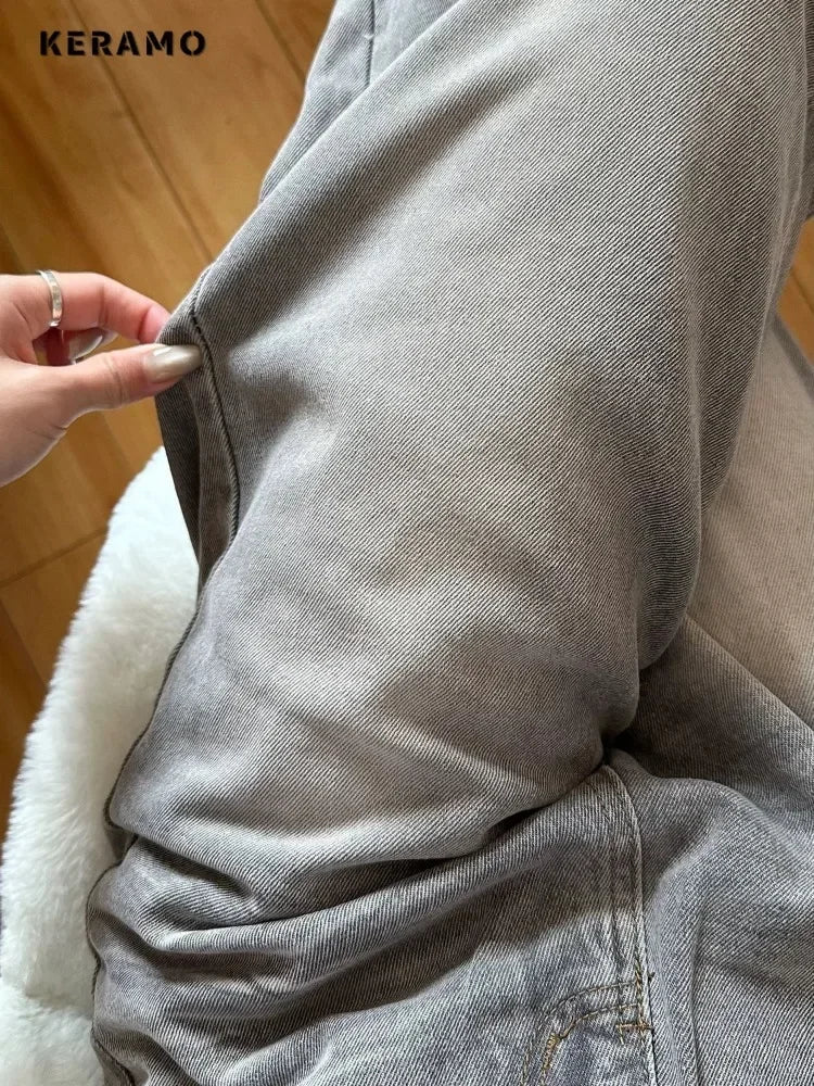 Pantalones vaqueros vintage grises para mujer, pantalones vaqueros casuales de estilo gótico, pantalones holgados de cintura alta y rectos para mujer Y2K