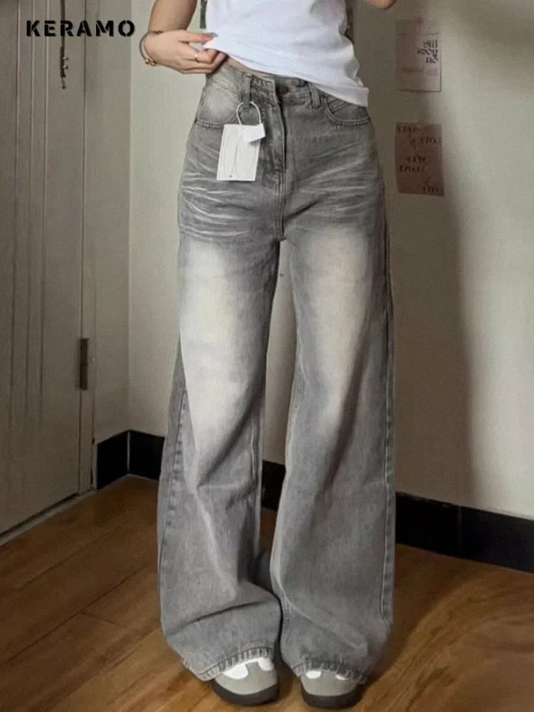 Pantalones vaqueros vintage grises para mujer, pantalones vaqueros casuales de estilo gótico, pantalones holgados de cintura alta y rectos para mujer Y2K