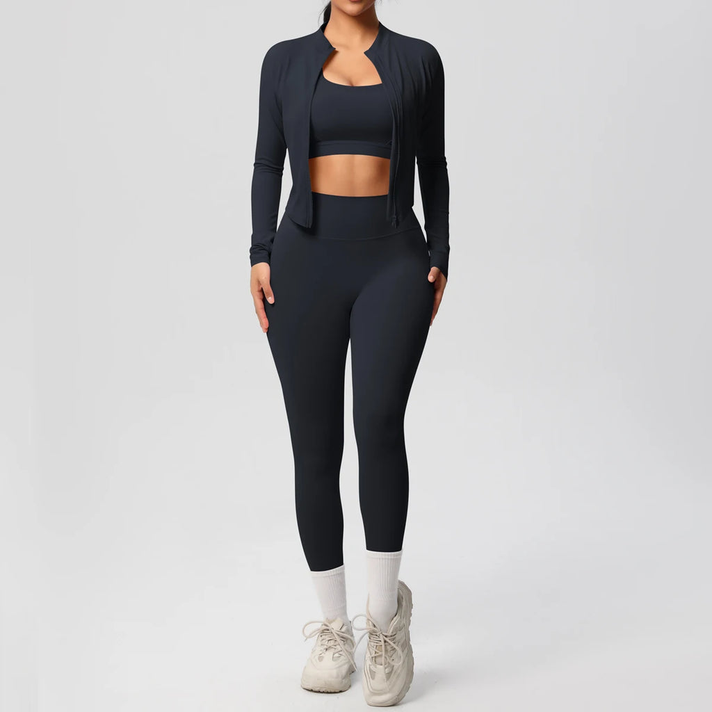 Conjunto de 3 piezas de ropa deportiva para yoga, sujetador deportivo para gimnasio, chaqueta con cremallera, leggings, ropa deportiva, trajes de yoga para mujer, conjunto de fitness, chándal