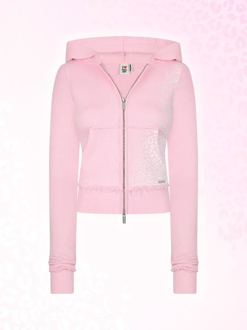 Sudadera corta con capucha y cremallera con estampado de leopardo en negro y rosa, pantalones deportivos de pierna ancha a la moda, conjunto de dos piezas de American Hottie