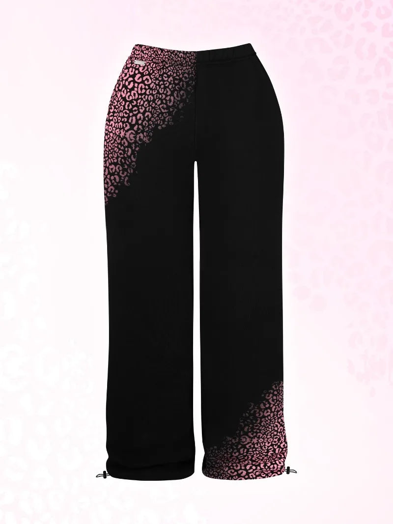 Sudadera corta con capucha y cremallera con estampado de leopardo en negro y rosa, pantalones deportivos de pierna ancha a la moda, conjunto de dos piezas de American Hottie