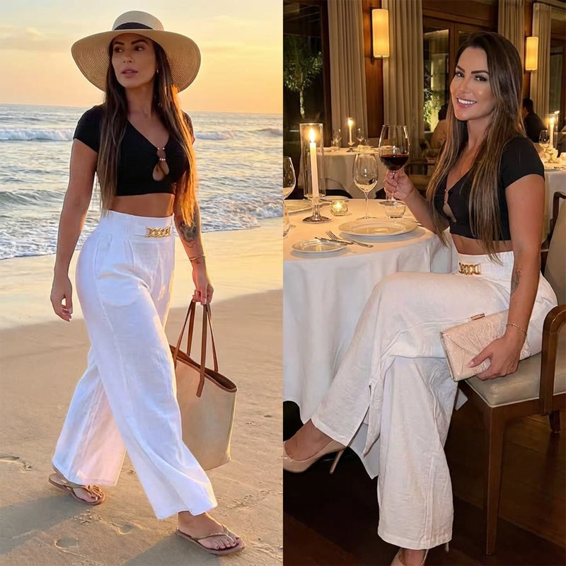 Pantalones de mujer de cintura alta, corte ancho y cinturón incluido. Elegantes, cómodos y fáciles de combinar para cualquier ocasión.